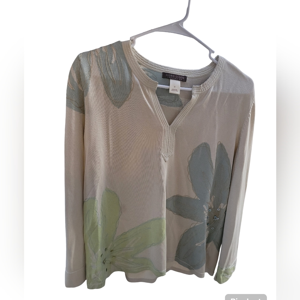 Sigrid Olsen Silk Blend Floral Sweater Top Medium Beige Green Blue